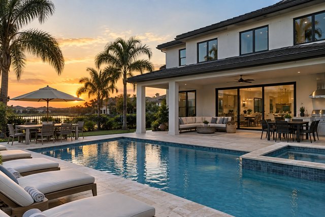 Florida vacation home with pool at sunset