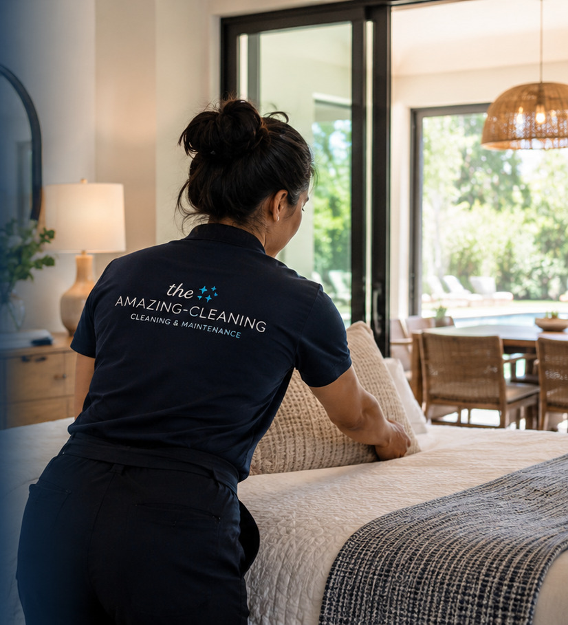The Amazing Cleaning team member preparing a vacation home bedroom in Orlando